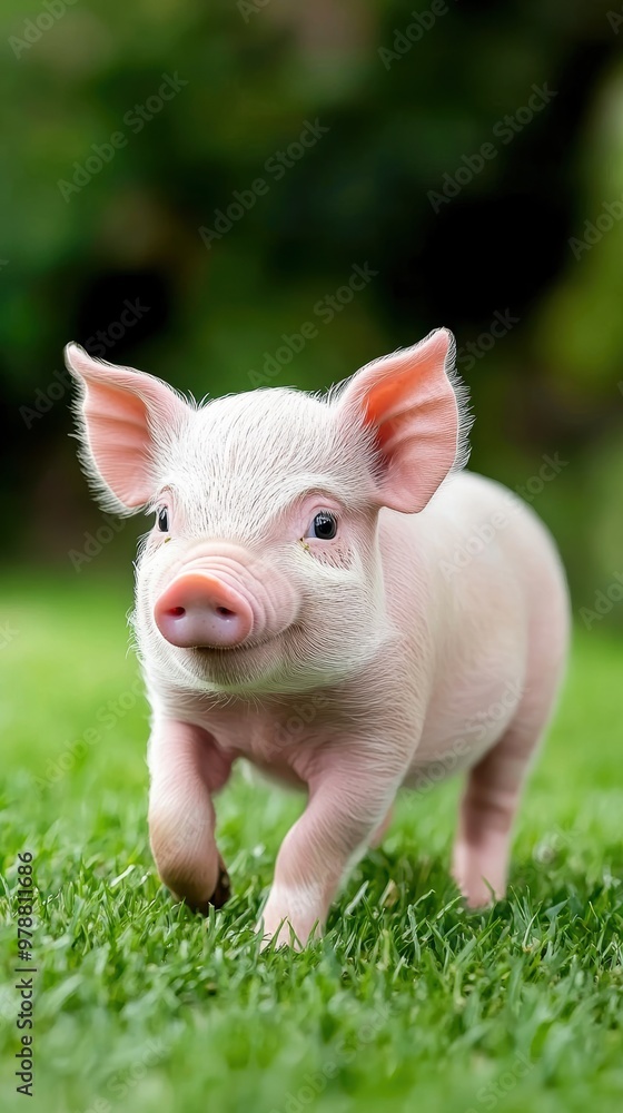 Cute piglet running joyfully in a lush green field, showcasing the innocence and playfulness of farm life. Cute piglet running joyfully in a lush green field, showcasing the innocence and playfulness of farm life.