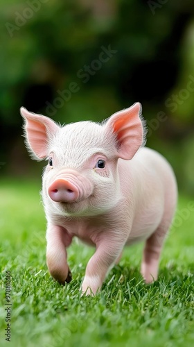 Cute piglet running joyfully in a lush green field, showcasing the innocence and playfulness of farm life.