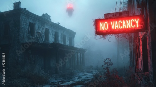No vacancy neon sign glowing outside of abandoned building with ominous fog and ghostly figure floats in the sky