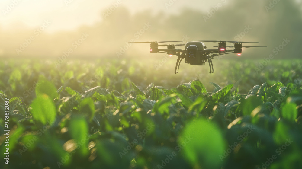 A drone is spraying crops in smart farm, showcasing advanced technology in agriculture A drone is spraying crops in smart farm, showcasing advanced technology in agriculture