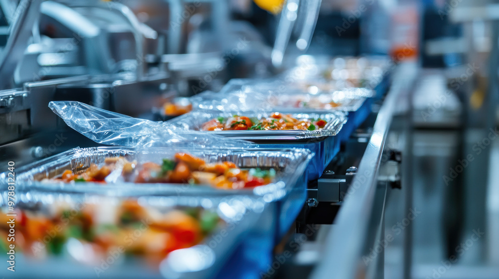 Ready to eat meals on conveyor belt in an automated packaging machine Ready to eat meals on conveyor belt in an automated packaging machine