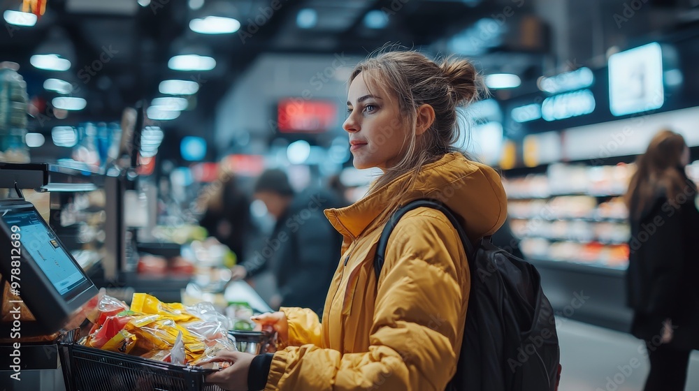 A diverse group of customers at an AI-powered self-checkout station in a high-tech supermarket A diverse group of customers at an AI-powered self-checkout station in a high-tech supermarket