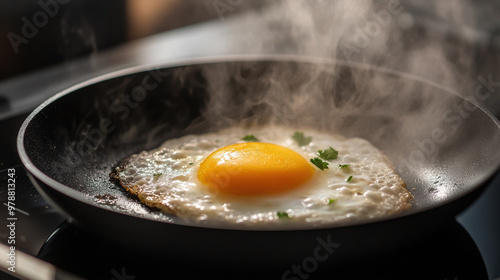 A delicious egg frying in pan, surrounded by steam and garnished with herbs