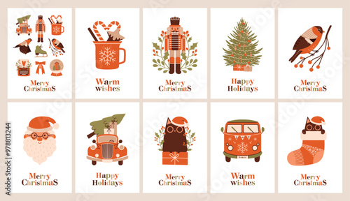 Set of cards to Merry Christmas, New Year, Winter Holidays. Greeting banners with fir tree, nutcracker, santa claus, party bus, cat in christmas sock, bullfinch on branch. Flat minimalist design.