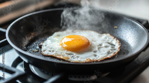 Fried egg cooking in pan, with steam rising, showcasing delicious breakfast