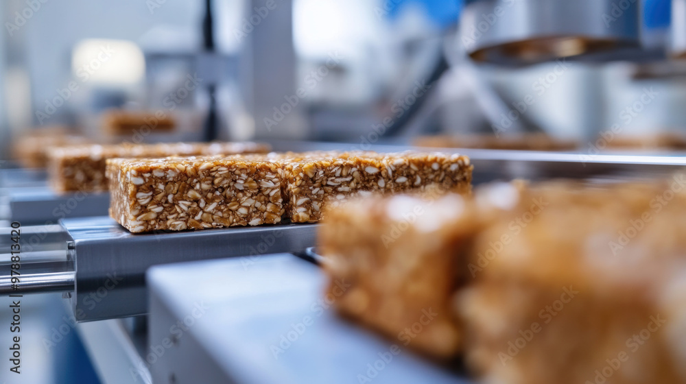 Close up of plant based protein bar being manufactured, showcasing its texture and details Close up of plant based protein bar being manufactured, showcasing its texture and details