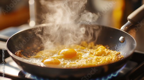Fried eggs sizzling in pan, creating warm and inviting atmosphere