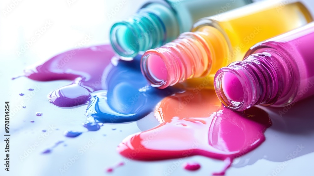 Colorful nail polishes spilling on white background,Creative flat lay of fashion bright nail polishes drop,art fashion,Beauty blogger concept,beauty,fashion,Copy space. Colorful nail polishes spilling on white background,Creative flat lay of fashion bright nail polishes drop,art fashion,Beauty blogger concept,beauty,fashion,Copy space.