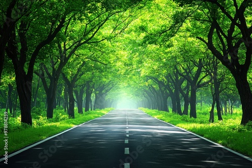 Scenic road through a lush green tree lined forest canopy