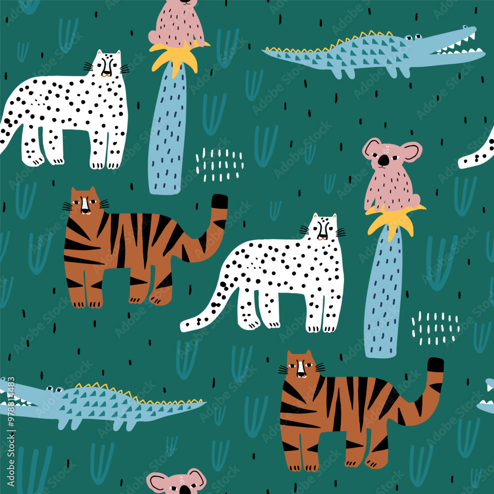 Seamless tropical pattern with tiger, cheetah, crocodile, koala and ...