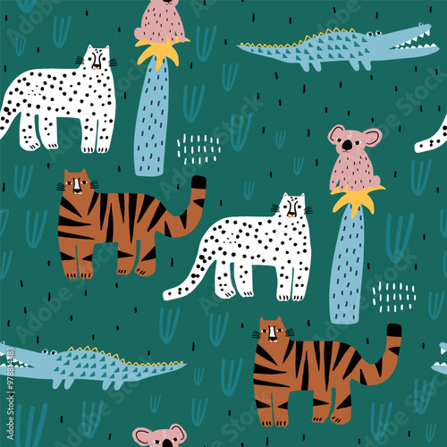 Photography Seamless tropical pattern with tiger, cheetah, crocodile, koala and palms
