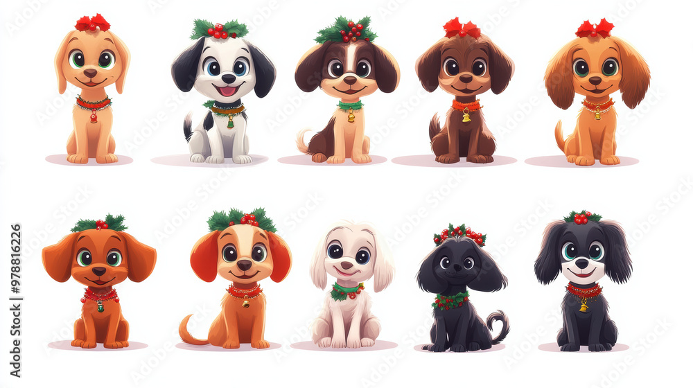 Cute cartoon dogs wearing holiday decorations bring joy and cheer Cute cartoon dogs wearing holiday decorations bring joy and cheer