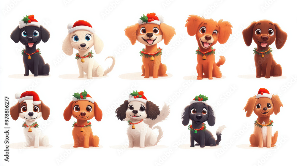 Cute cartoon dogs wearing Santa hats and festive collars, perfect for holiday cheer! Cute cartoon dogs wearing Santa hats and festive collars, perfect for holiday cheer!