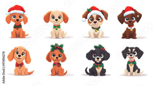 Cute cartoon dogs wearing Christmas hats and decorations, perfect for festive themes