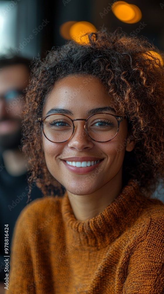 Smiling woman in cozy sweater at office environment Smiling woman in cozy sweater at office environment