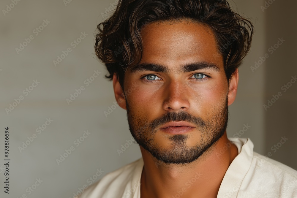 A man with a beard and blue eyes is wearing a white shirt. He has a tan complexion and is wearing a lot of makeup A man with a beard and blue eyes is wearing a white shirt. He has a tan complexion and is wearing a lot of makeup