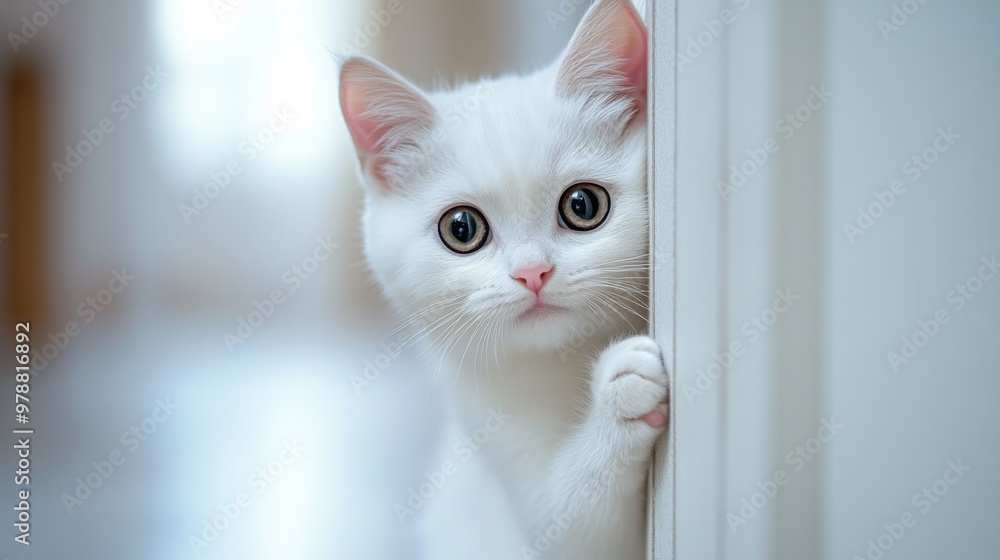 Adorable white kitten peeking out from behind a door with big expressive eyes and playful paws in a cozy indoor setting, capturing a moment of curiosity Adorable white kitten peeking out from behind a door with big expressive eyes and playful paws in a cozy indoor setting, capturing a moment of curiosity