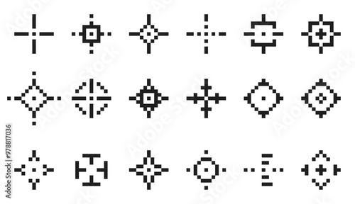 Pixel aim icon. Crosshair for shooting game, bullseye aim target for gun accuracy, crosshairs for sniper and shooter app. Vector flat set.eps