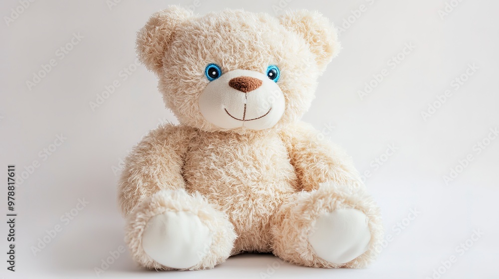 Adorable plush teddy bear with bright blue eyes, soft cream fur, and a sweet smiling face, sitting on a white background with a subtle shadow effect. Adorable plush teddy bear with bright blue eyes, soft cream fur, and a sweet smiling face, sitting on a white background with a subtle shadow effect.