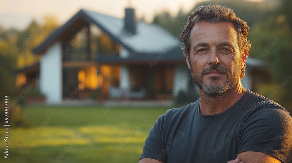 A man stands in front of a house with a big smile on his face. The house is a large, modern home with a large porch and a fireplace A man stands in front of a house with a big smile on his face. The house is a large, modern home with a large porch and a fireplace