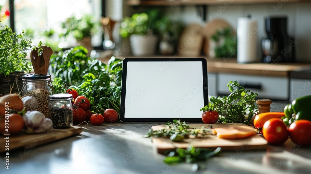 Tablet with blank screen surrounded by fresh vegetables and herbs in kitchen Tablet with blank screen surrounded by fresh vegetables and herbs in kitchen