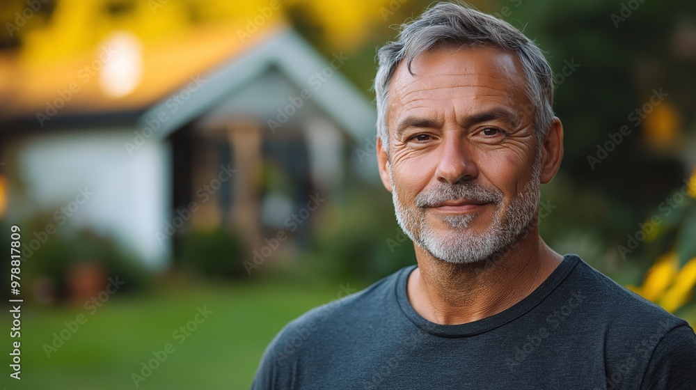 A man with a white beard and gray hair is smiling and looking at the camera. He is wearing a black shirt and standing in front of a house A man with a white beard and gray hair is smiling and looking at the camera. He is wearing a black shirt and standing in front of a house