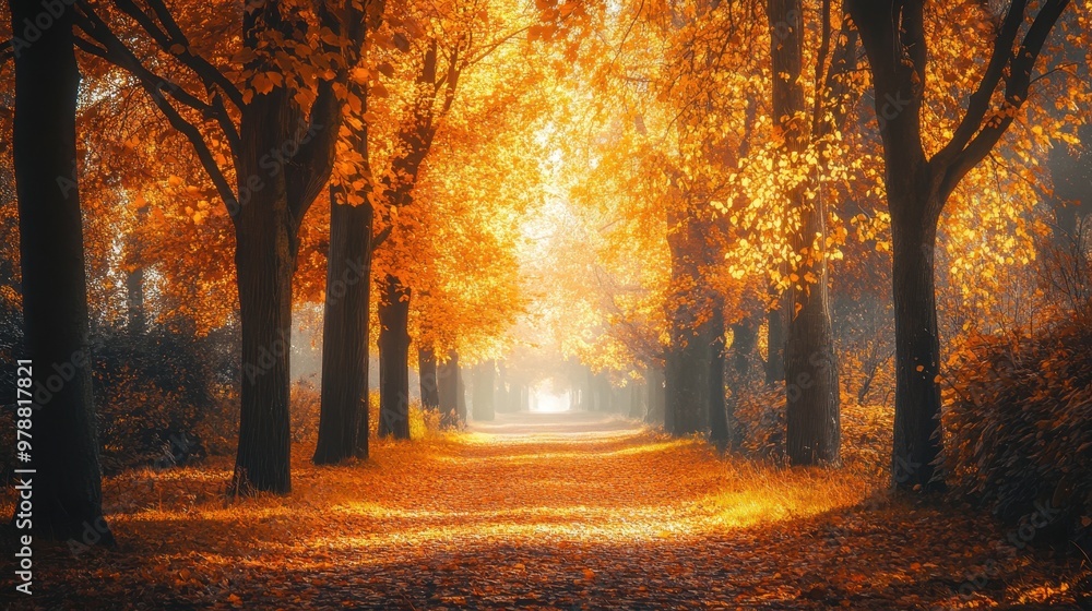 Fototapeta premium Colorful autumn Park with pathway,red and yellow maple trees and blue sky,Autumn forest path,Lawn in autumn city park in Sunny day,Trees with yellow leaves in park,Natural Wallpaper.