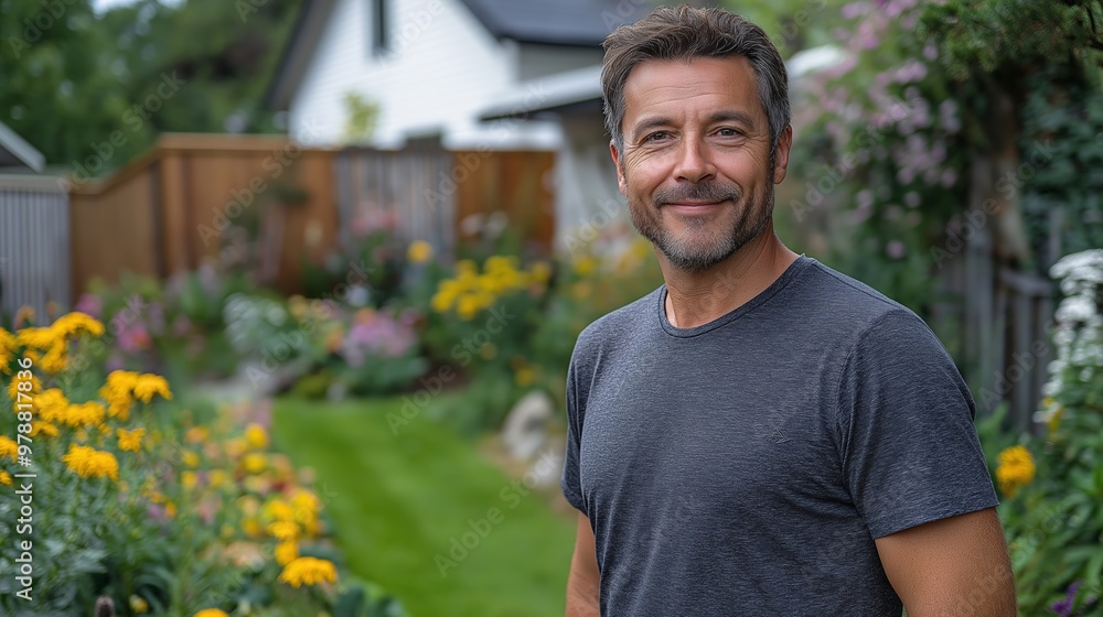 Fototapeta premium A man is standing in a garden with a smile on his face. He is wearing a black shirt and he is enjoying the outdoors