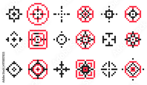 Pixel target icon. Retro video game crosshair aim, retro military gun scope, 8 bit bullseye target for hunting and archery. Vector flat focus and accuracy symbol.eps