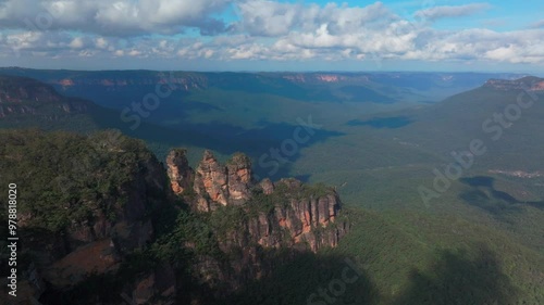 Three Sisters Blue Mountains drone aerial Katoomba Sydney NSW Australia Echo Point Lookout cliff walk World Heritage National Park Gum Tree Eucalyptus Forest bluesky sunny day circle left motion photo