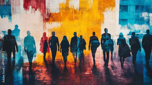 An image of a group of silhouetted people walking against an abstract background with bright colors. The style combines contemporary art with social themes, reflecting diversity and collectivity