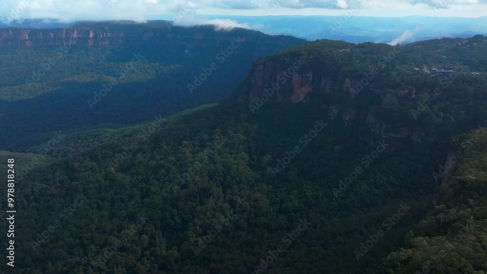 Vast Gum Trees Eucalyptus Forest Blue Mountains drone aerial Katoomba Sydney NSW Australia World Heritage National Park Three Sisters Echo Point Lookout cliff walk blue skies forward pan up parallax Vast Gum Trees Eucalyptus Forest Blue Mountains drone aerial Katoomba Sydney NSW Australia World Heritage National Park Three Sisters Echo Point Lookout cliff walk blue skies forward pan up parallax