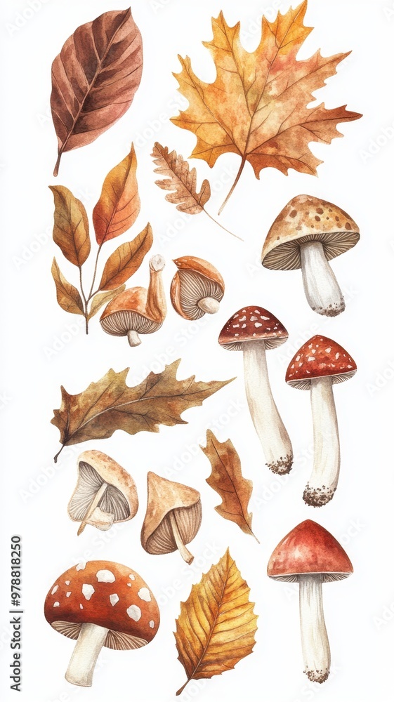 Watercolor collection of autumn maple leaves and red mushrooms,Hand drawn nature design elements isolated on white background,Hand paint,Perfect for creating cards, design. Watercolor collection of autumn maple leaves and red mushrooms,Hand drawn nature design elements isolated on white background,Hand paint,Perfect for creating cards, design.