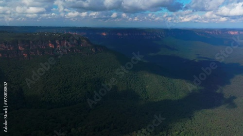 Drone aerial Blue Mountains Three Sisters Katoomba Sydney NSW Australia Echo Point Lookout cliff walk World Heritage National Park Gum Tree Eucalyptus Forest bluesky sunny day clouds forward photo