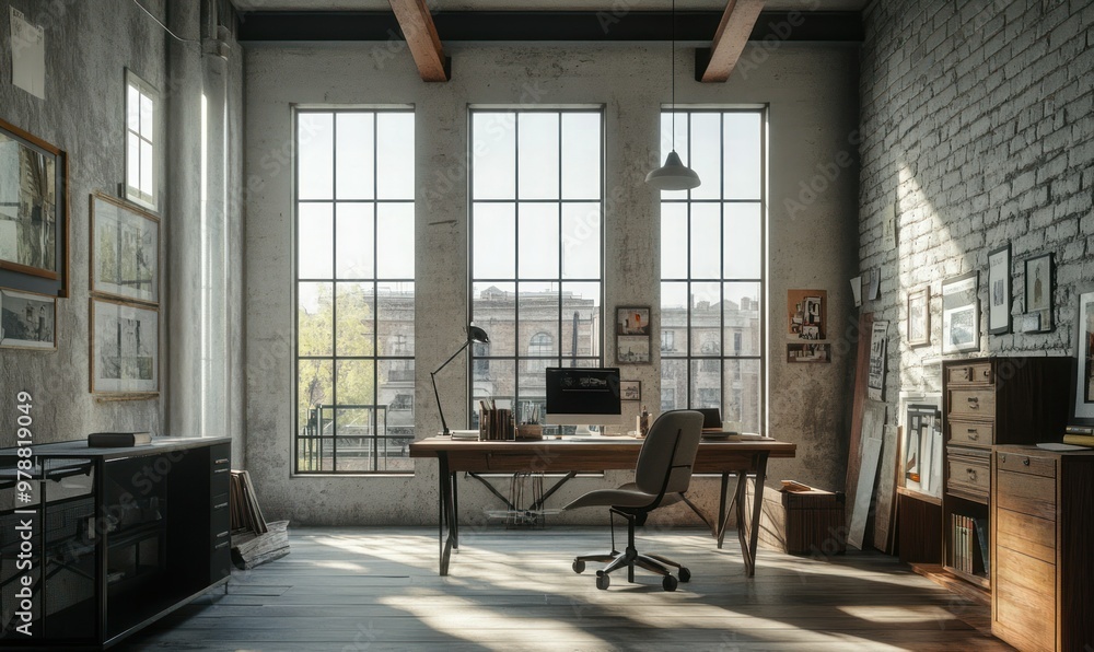 Loft home office with minimalist furniture, large windows, and ample copy space for creative work. Loft home office with minimalist furniture, large windows, and ample copy space for creative work.