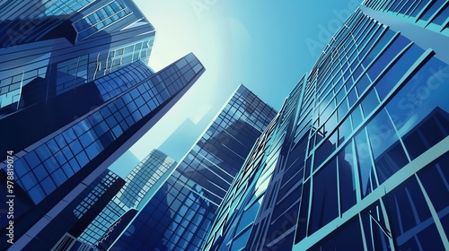 View of corporate skyscrapers, sleek and modern downtown architecture