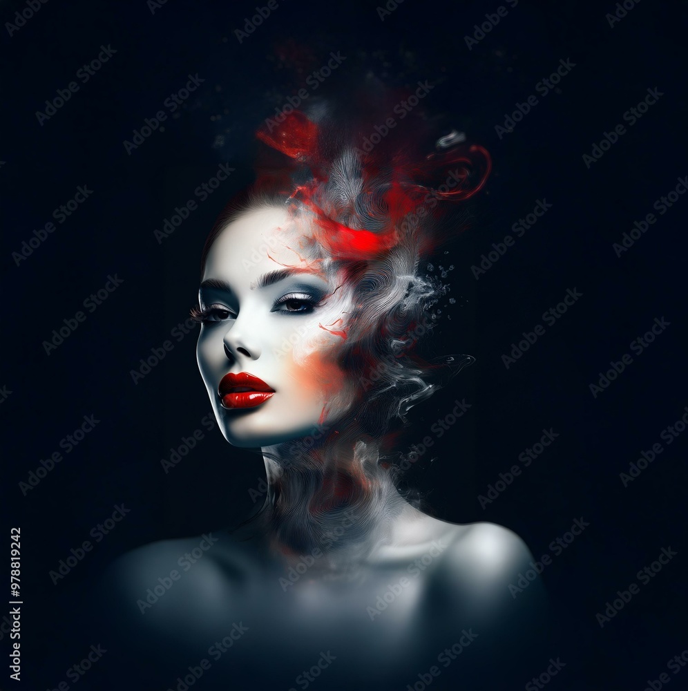 A woman with red lipstick stares into the distance, surrounded by swirling red and white smoke. A woman with red lipstick stares into the distance, surrounded by swirling red and white smoke.