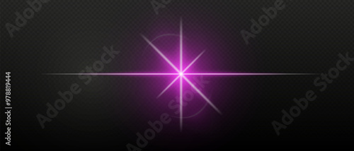 Purple neon stripes or light flash with star. Laser beams, horizontal beams. Beautiful light reflections. Glowing stripes on a black background.