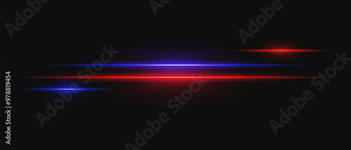 Blue and red neon stripes or light flash. Laser beams, horizontal beams. Beautiful light reflections. Glowing stripes on a black background.