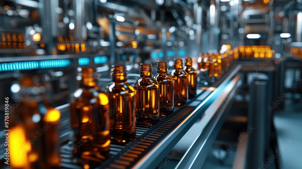 Conveyor system with amber bottles in an industrial environment, illustrating the seamless flow of manufacturing. Conveyor system with amber bottles in an industrial environment, illustrating the seamless flow of manufacturing.