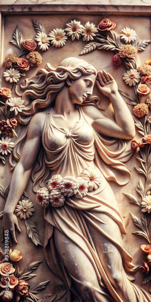 A bas-relief sculpture depicting a classical woman surrounded by intricate floral designs. The fine details and craftsmanship highlight artistic and historical beauty. A bas-relief sculpture depicting a classical woman surrounded by intricate floral designs. The fine details and craftsmanship highlight artistic and historical beauty.