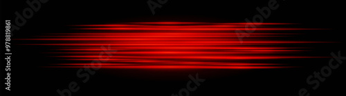 Red speed neon stripes or light flash. Laser beams, horizontal beams. Beautiful light reflections. Glowing stripes on a black background.
