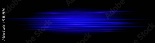 Blue speed neon stripes or light flash. Laser beams, horizontal beams. Beautiful light reflections. Glowing stripes on a black background.