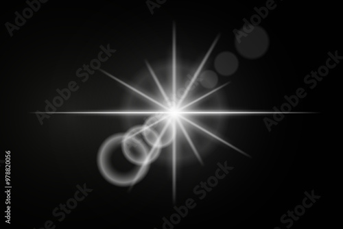 White neon stripes or light flash star. Laser beams, horizontal beams. Beautiful light reflections. Glowing stripes on a black background.