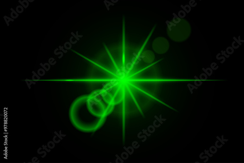 Green neon stripes or light flash star. Laser beams, horizontal beams. Beautiful light reflections. Glowing stripes on a black background.