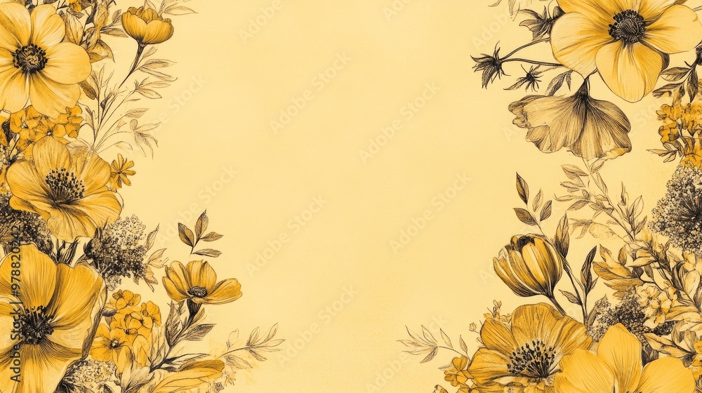 A bold yellow floral border design, featuring intricately detailed flowers and foliage, creating a sunny and vibrant frame. A bold yellow floral border design, featuring intricately detailed flowers and foliage, creating a sunny and vibrant frame.