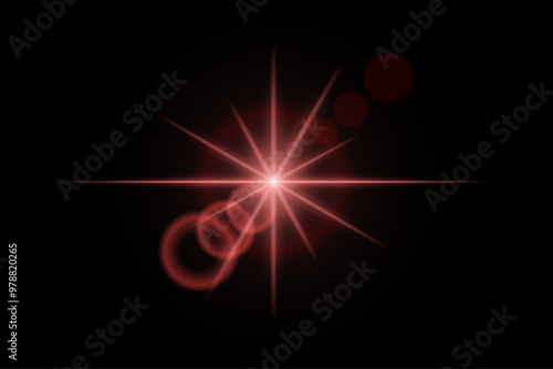 Red neon stripes or light flash star. Laser beams, horizontal beams. Beautiful light reflections. Glowing stripes on a black background.