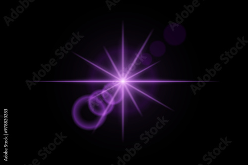 Purple neon stripes or light flash star. Laser beams, horizontal beams. Beautiful light reflections. Glowing stripes on a black background.