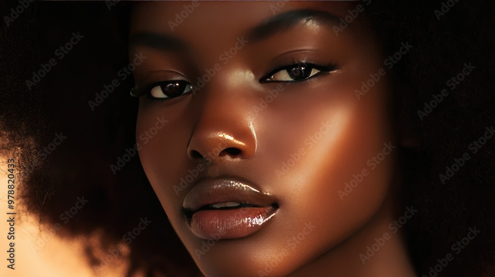 Detailed close-up of a woman face, with emphasis on her radiant skin and voluminous hair. Detailed close-up of a woman face, with emphasis on her radiant skin and voluminous hair.