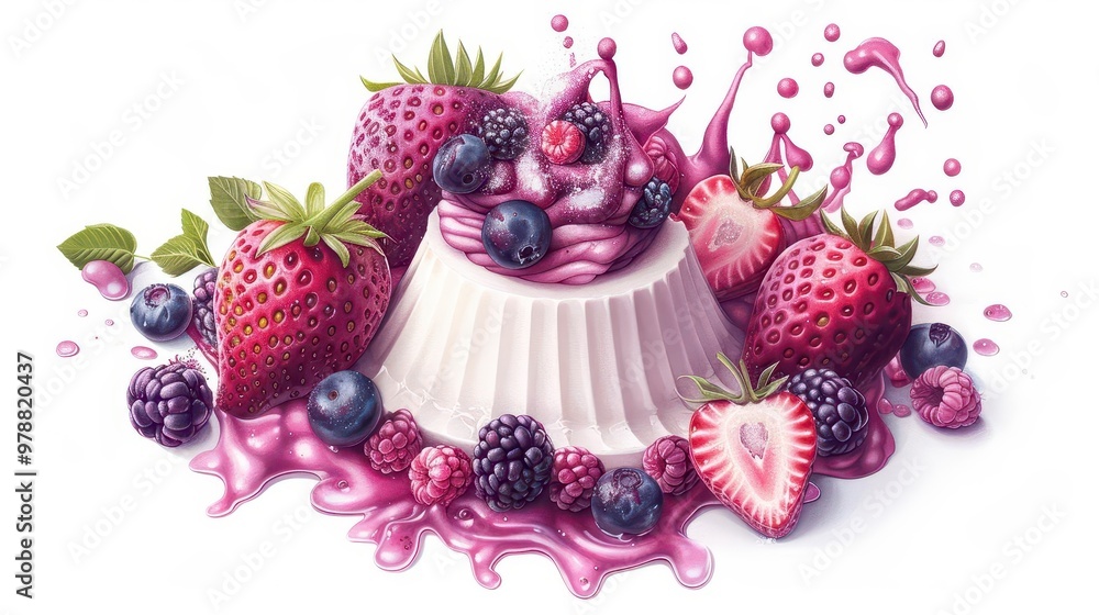 A vibrant dessert featuring creamy panna cotta surrounded by fresh berries and colorful fruit splashes for a delightful treat. A vibrant dessert featuring creamy panna cotta surrounded by fresh berries and colorful fruit splashes for a delightful treat.